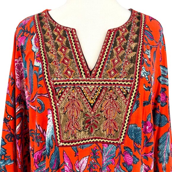 Soft Surroundings Embroidered Sequin Tunic Top Red Orange Floral Size Large - Picture 2 of 12
